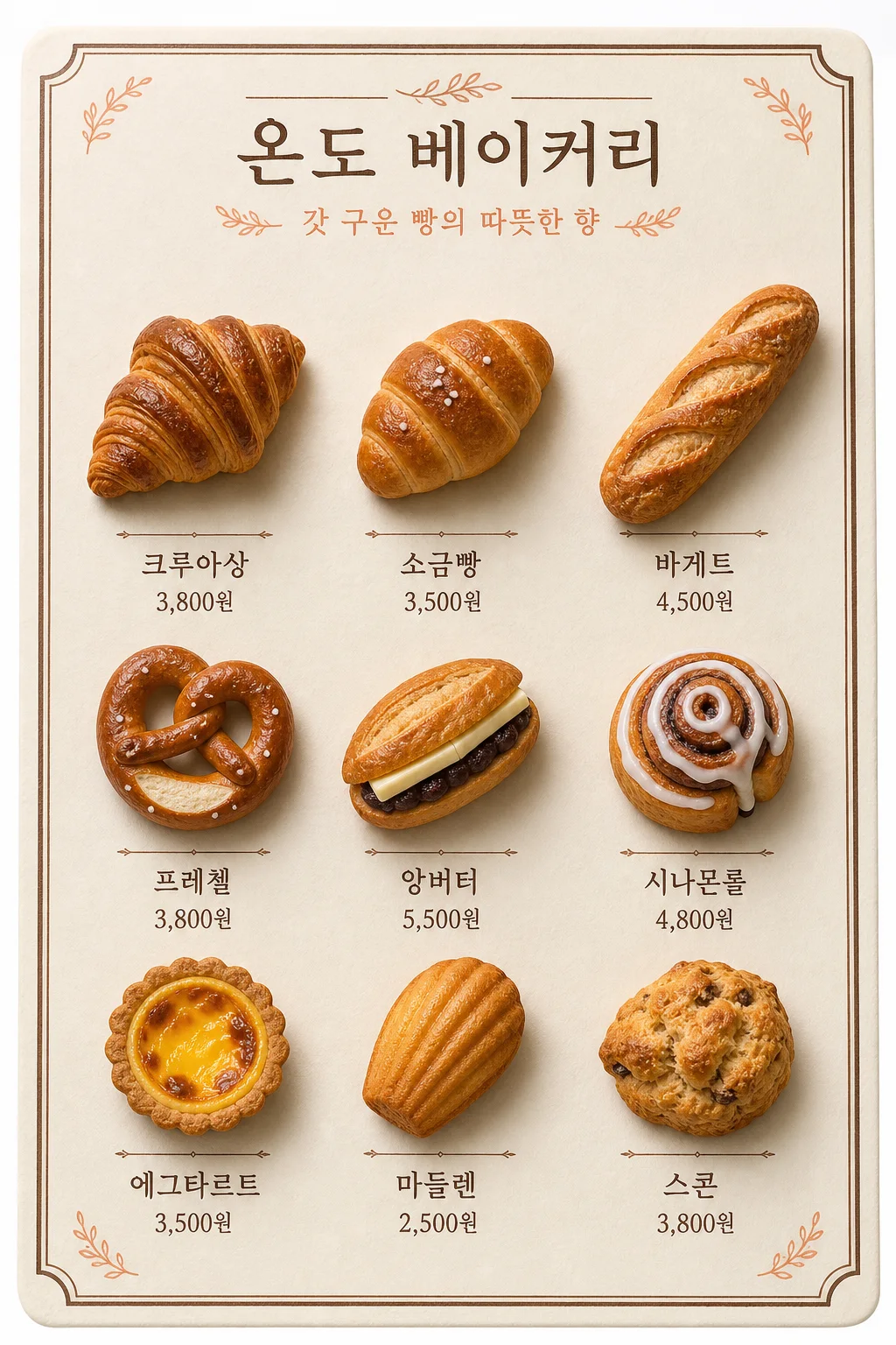 크루아상 소금빵 에그타르트 등 다양한 빵을 3D 점토 미니어처로 표현한 베이커리 메뉴판