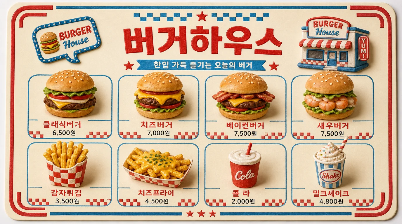 햄버거 감자튀김 밀크셰이크를 귀엽고 사실적인 3D 음식 미니어처로 표현한 햄버거 메뉴판
