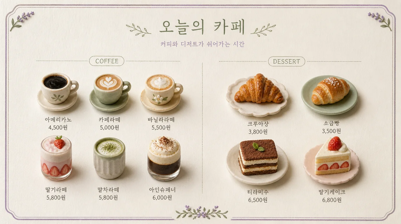 커피와 디저트를 손으로 만든 듯한 3D 음식 미니어처 아이콘으로 표현한 감성 카페 메뉴판
