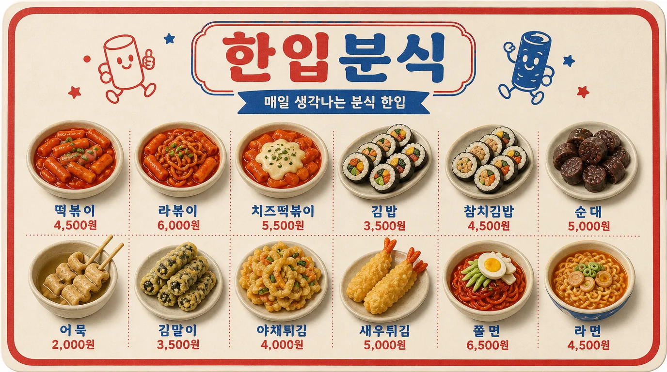 떡볶이 김밥 순대 튀김을 귀엽고 사실적인 3D 음식 미니어처로 표현한 레트로 분식집 메뉴판