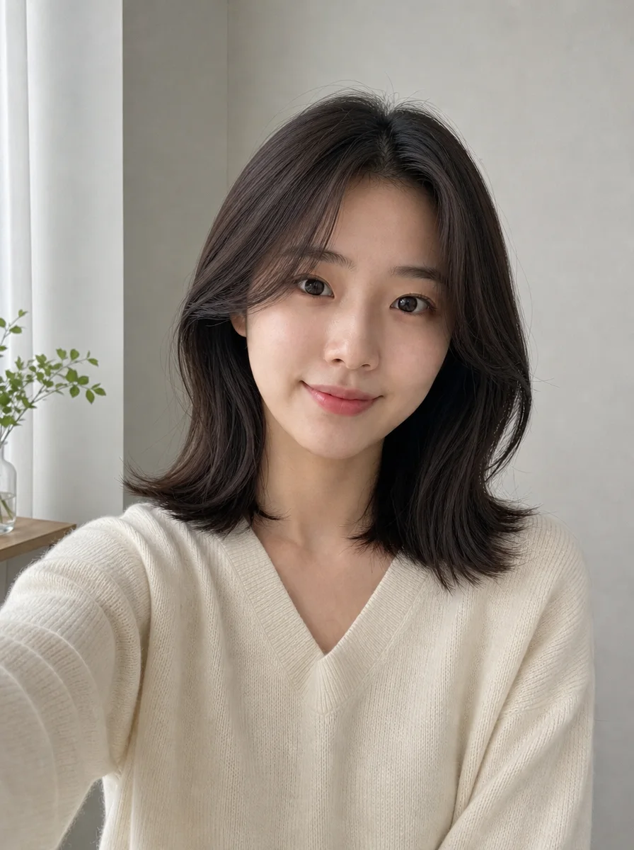 같은 인물의 헤어스타일을 단정한 중단발 레이어드 스타일로 바꾼 AI 결과 사진