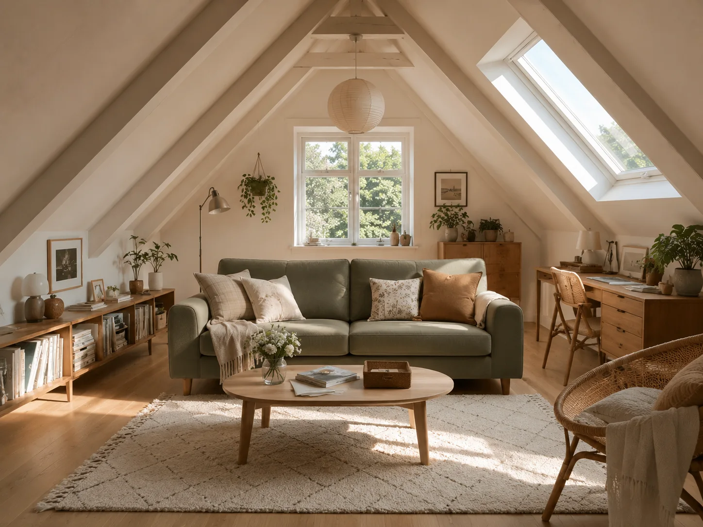 같은 거실에서 소파만 짙은 올리브 그린 패브릭 소파로 변경한 AI 가구 배치 미리보기