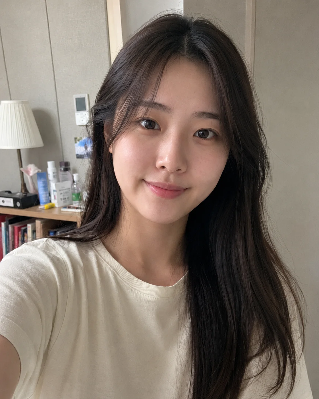 카페에서 촬영한 긴 생머리 여성의 원본 셀카 사진